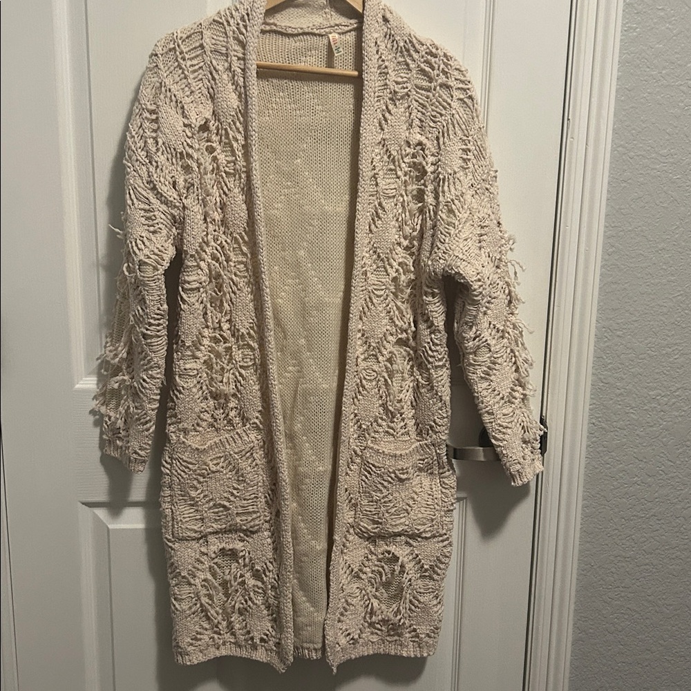Anthro RAGA fisherman fringe boho cream chunky cardigan Sz large